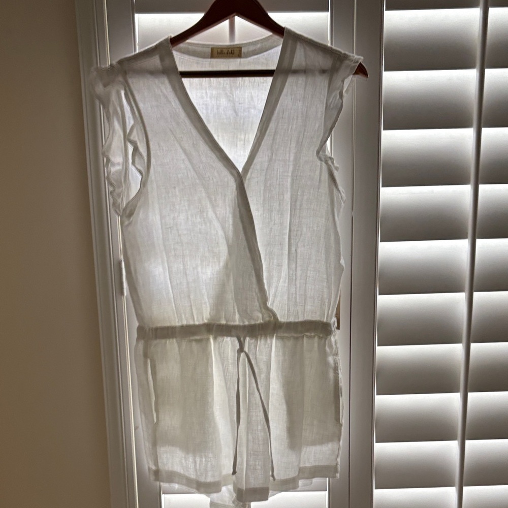 White linen Romper with Drawstring Waist